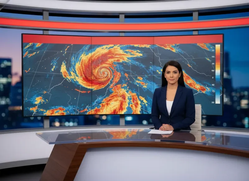 News anchor reporting in front of Doppler radar weather map