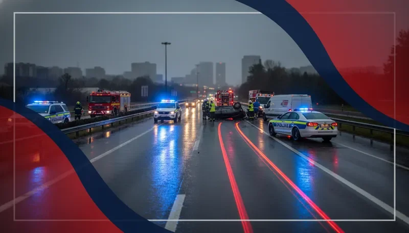 Emergency responders at a traffic incident on a wet highway