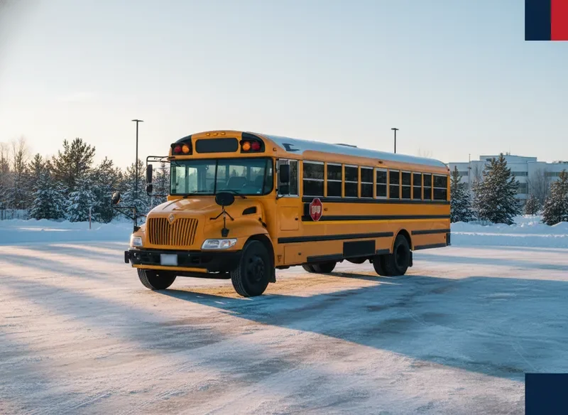 School bus in snow with closure announcement