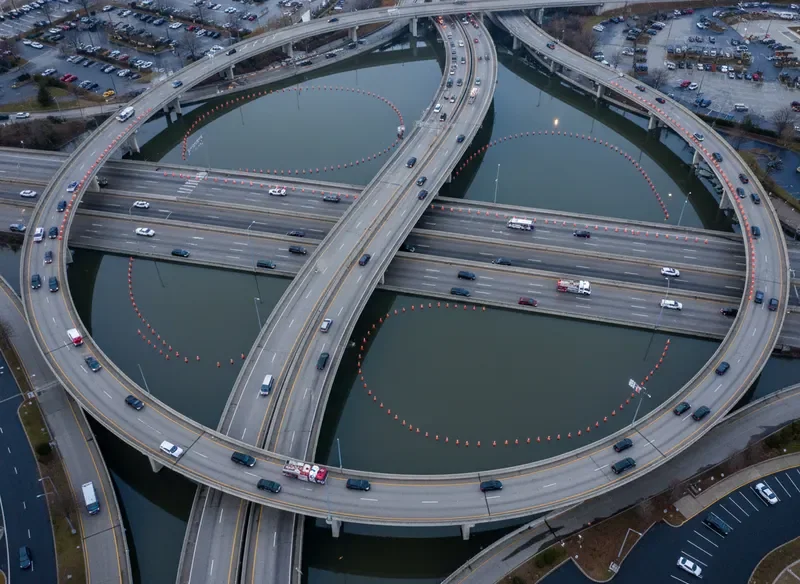 Flooded highway with traffic disruption