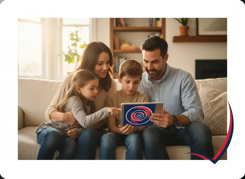 Family reviewing local Doppler radar weather map on a tablet in a warmly lit living room