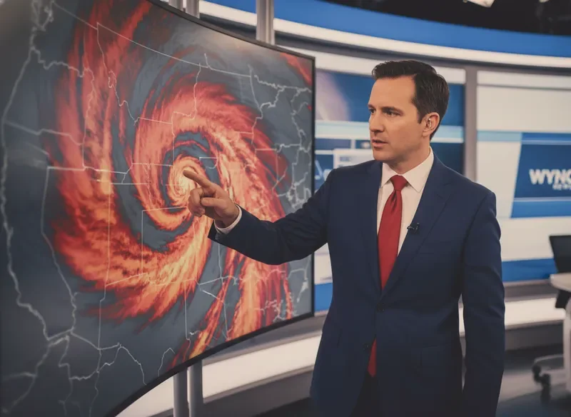 WYNC meteorologist analyzing a Doppler radar weather map during a broadcast