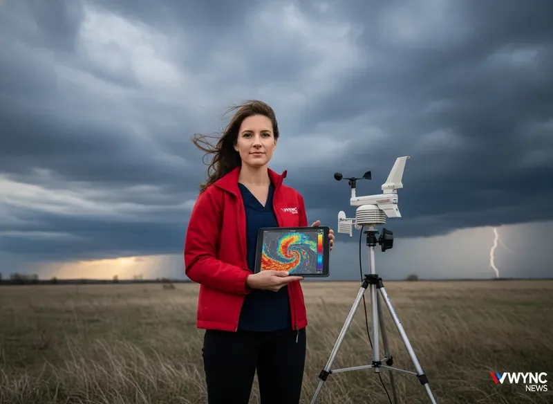 WYNC meteorologist reporting from the field with mobile doppler equipment