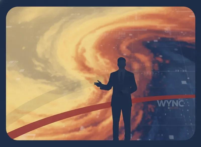 WYNC Doppler radar weather map with presenter silhouette