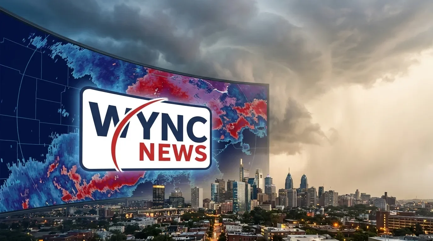 WYNC News dawn city skyline with Doppler radar weather storm clouds