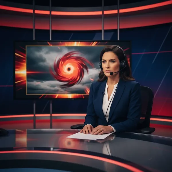 Broadcast journalist delivering severe weather communication