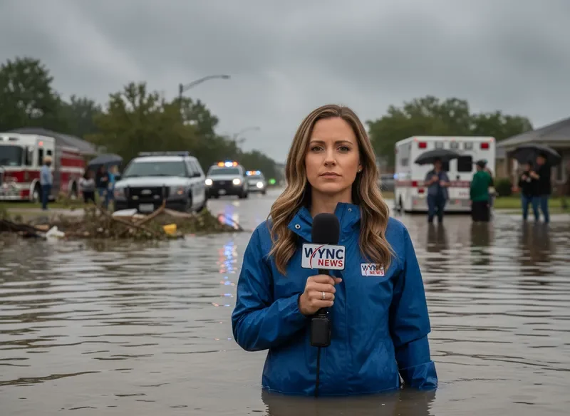 WYNC News field reporter covering storm damage in a local neighborhood