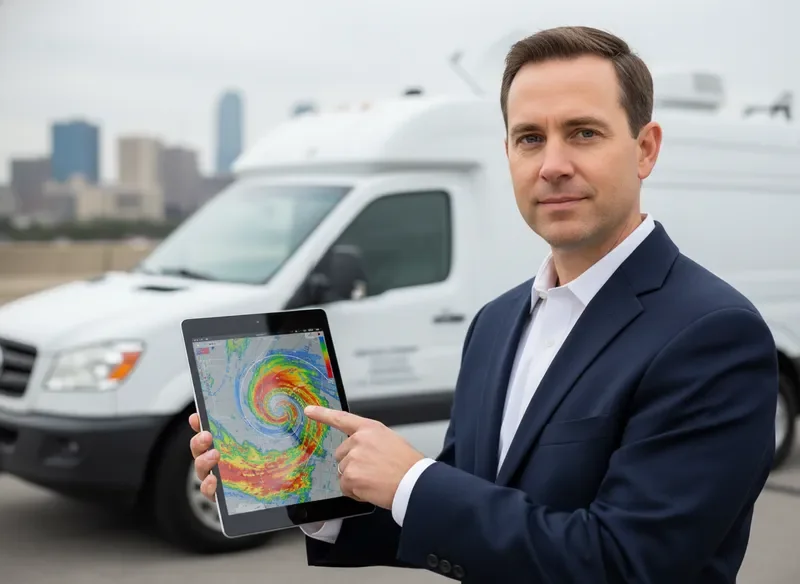 WYNC News meteorologist analyzing local doppler radar weather data in the field