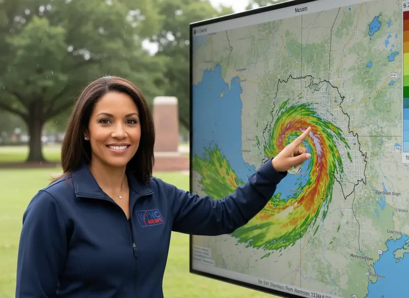 WYNC News meteorologist presenting local doppler radar weather map in the field